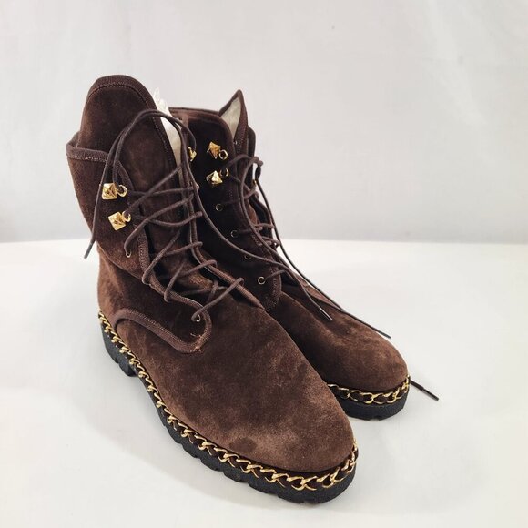 Browns Suede Lace Up Boots Size 37 Made in Italy Chain Accent Leather Rubber - Picture 3 of 11